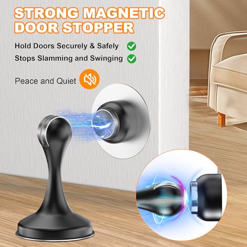 Crosize Magnetic Door Stoppers 1 Pack, Stainless Steel Door Stops for Wall and Floor Mounting, Gate Stops, No Drilling Metal Doorstops with Adhesive Tapes, Black - color: Black, size: 1 Pack