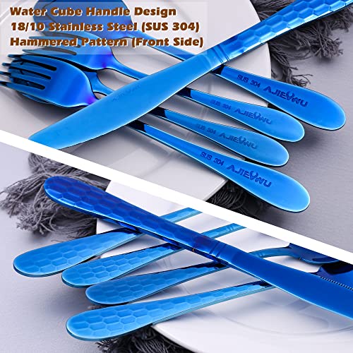 Hammered 20-Piece Silverware Set for 4, 18/10 Stainless Steel Flatware Silverware Set, Unique Design Knife Fork Spoon Set for Home Kitchen Restaurant Wedding, Smooth Edge, Dishwasher Safe (Blue) - color: Blue