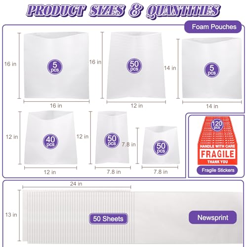 370 Pcs Foam Pouches & Packing Paper for Protecting Dishes with Stickers - size: 370 Pcs-Multi Size
