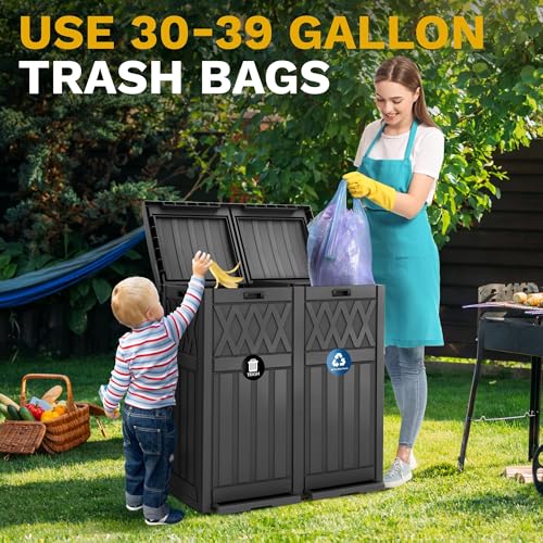DWVO 76 Gallon Garbage Dual Can, Resin Outdoor Trash Can with Tiered Lid and Drip Tray, Waterproof Trash Bin for Patio, Kitchen, Backyard (Black) - color: Black, size: 76 gallon