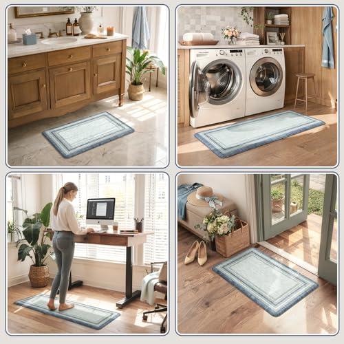 KIMODE Anti Fatigue Kitchen Mat 2 PCS Farmhouse Kitchen Rugs Sets of 2 - color: Blue, size: 17.3" x 47 "+ 17.3" x 29 "--0.47 inches