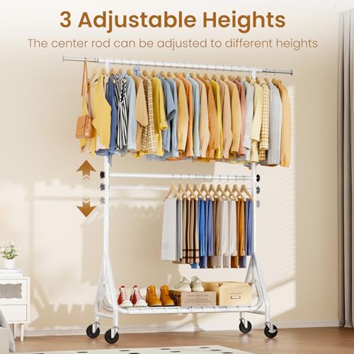 Heavy Duty Clothes Rack for Hanging Clothes, Double Rods Clothing Rack with Lockable Wheels, Rolling Garment Racks with Shelf, Easy to Assemble, White - color: White, size: Doule Rods