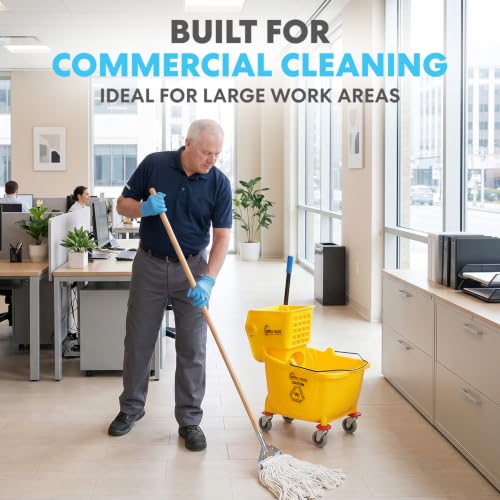 SIMPLI-Magic Side Press Wringer Combo Commercial Mop Bucket on Wheels, 2-Pack, 35 Quart, Yellow, Including Wet Floor Caution Sign and Mop Set, Polyethylene - size: Two Pack