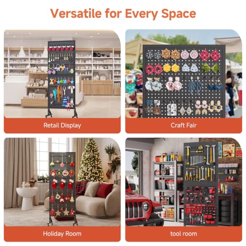 Peg Board Display Stand with Wheels,50 Hooks,2'x 5.5' - Black - color: Black