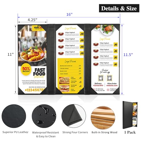 4.25 X 11 inches Leather Menu Covers with Strong Wood Inside, Black Leather Menu Holder Three View Page Panel for Restaurant,Wine List, Drinks, Cafes, Bar, Hotel,Cocktail(4.25" X 11"/3 Views/1 pcs) - size: 4.25 x11 inch/3 views/1 pcs