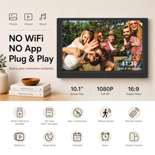 10.1-Inch 1080P IPS Digital Picture Frame, No WiFi or App Required