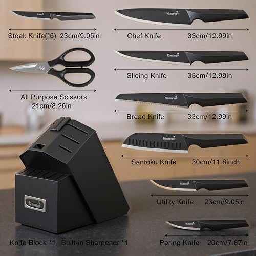 KUISINE Upgraded Chef Knife Set One Piece Molding High Carbon Stainless Steel,Super Sharp Blade Ergonomic Steel Handle,Knife Block Set with Built-in Sharpener(EX Black Pro,15PCS) - color: EX Black Ultra