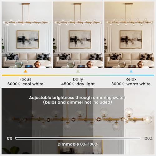 Gold Linear Large Chandelier Modern Chandelier Glass Pendant Light Fixture Adjustable for Dining Living Room Kitchen Island 22-Light 70" - color: transparent-70in