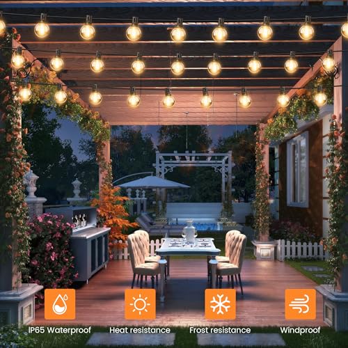 OHLUX 35FT Solar String Lights Outdoor, Waterproof Solar Patio Lights with Remote, 17 Shatterproof LED Filament G40 Globe Bulbs, 2200K Soft White, Dimmable Outside Hanging Light for Backyard Deck - size: 35FT