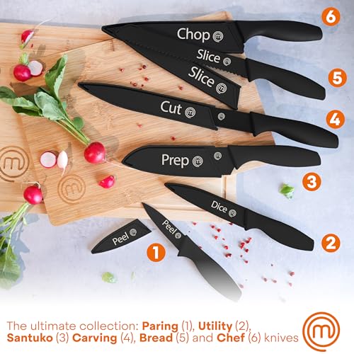 MasterChef Kitchen Knife Set with Covers, 6 Professional Chef Knives for Home Kitchens, Extra Sharp Cutting Stainless Steel Blades & Protective Sheaths, Soft-Touch Easy-Grip Handles, Essential Black - color: Black, style: Knives with Covers