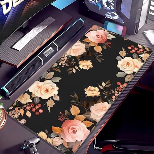 Colorful Flowers Large Mouse Pad,35.7"X 15.7" Pink Floral Desk Mat for Keyboard and Mouse,Women Girls Mousepad Desk Pad with Stitched Edge Non-Slip Rubber,Waterproof Gaming Computer Mice Mat Protector - color: Night Blooming Flowers