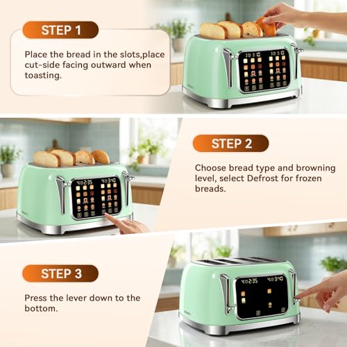 Retro 4 Slice Toaster with Touch Screen & Wide Slots, Mint Green - color: Mint Green