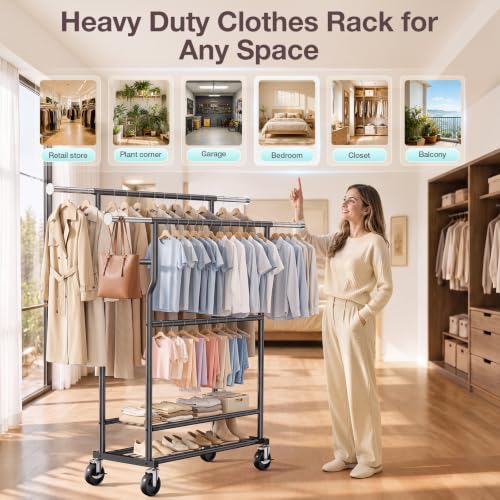 Heavy Duty Clothes Rack Load 960LBS, Adjustable Three Rods Rolling Garment Rack with Double-Layer Bottom Shelf, Portable Commercial Clothing Rack for Hanging Clothes with Wheels, Black - color: Black