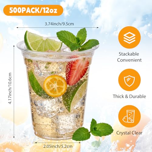Jingmore 500pack 12oz Clear PET Plastic Cups Bulk, Sturdy Disposable Cold Drink Cups, Clear Reusable Party Drinking Tumblers with Reinforced Rim for Iced Coffee, Picnics, BBQ, Beverage, Commercial - size: 12oz
