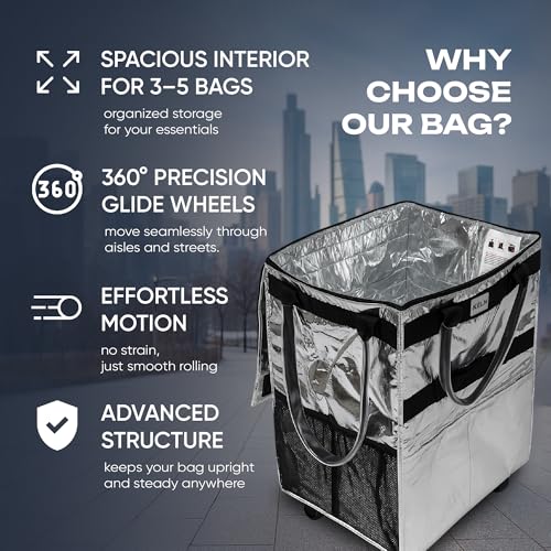 KELN Rolling Tote Bag on Wheels – 76 lb Foldable Shopping Cart – Silver - color: Silver