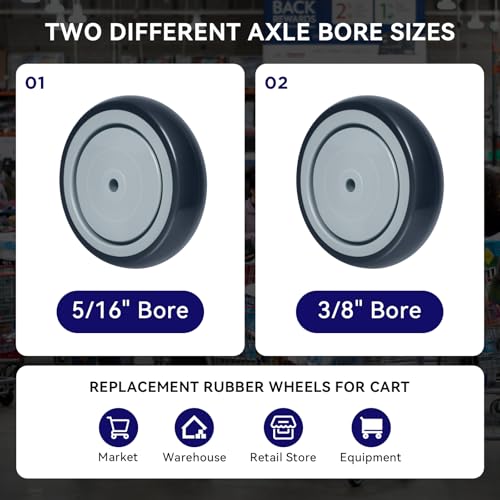 5'' Shopping Cart Wheels Replacement, 5/16" Casters Set of 4 Rubber Wheels for Cart Supermarket Grocery Retail Stores, Each Wheel Load 350lbs (4 Wheel, Grey) - style: Grey (5/16'' Bore)