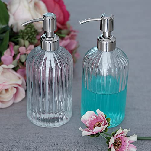Clear Glass Soap Dispenser 18 oz, 2 Pack Hand Dish Soap Dispensers Bathroom with Stainless Steel Pump, Refillable Kitchen Liquid Decorative Bottles for Hand Sanitizer, Lotion - color: Clear X 2