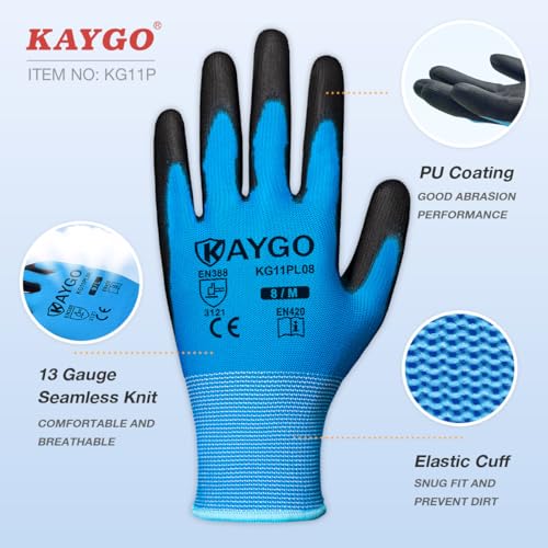 KAYGO Safety Work Gloves for Men Women, PU Coated Palm & Fingers, KG11P - color: Blue, size: XX-Large