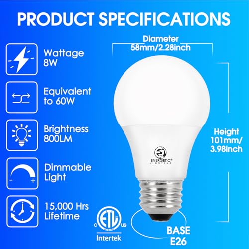 E ENERGETIC LIGHTING Dimmable LED Light Bulbs, 60W Equivalent, Warm White 3000K, 8W 800 Lumens LED Bulbs, E26 Base Standard Light Bulbs, ETL Listed, 20 Packs - color: 3000k Warm White