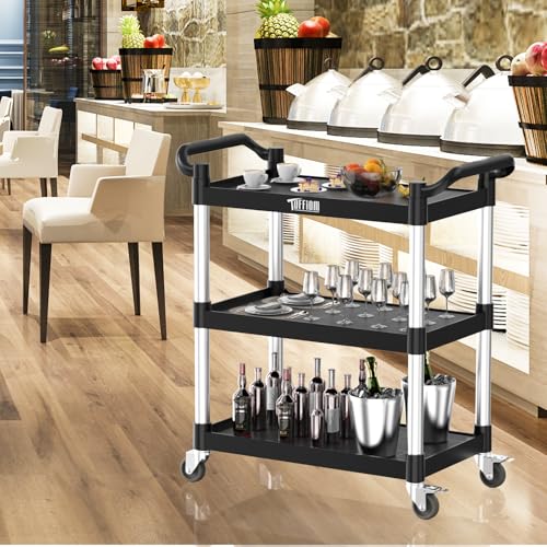 TUFFIOM 3-Tier Plastic Service Utility Cart with Wheels, Heavy Duty 390lbs Capacity, Commercial Rolling Ideal for Restaurant, Foodservice, Office, Warehouse, Black 24.6''L x 15.8''W x 37.4''H - size: Black 24.6''L x 15.8''W x 37.4''H