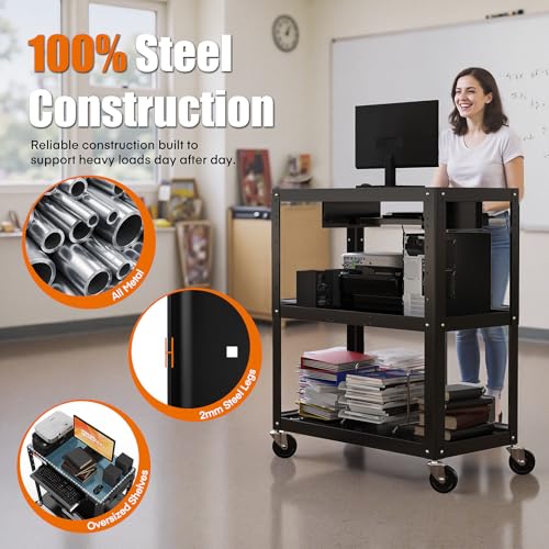 Extra-Large 3-Tier Utility Cart with Built-in Power Strip – Heavy-Duty 14-Gauge Steel Rolling Cart for Office, Workshop, or Classroom – 300 Lb Capacity (34" x 18" x 41.75") - style: Large AV Cart with Keyboard Tray(M-AV-JL)