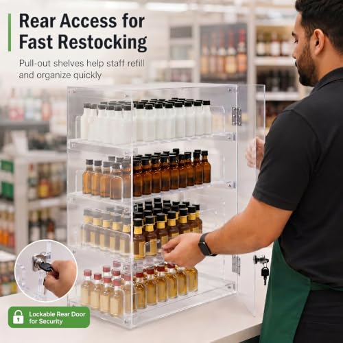 Cinnvoice Mini Liquor 50ml Bottles Retail Display Case with Lock, 12 x 12 x 24 in Clear Acrylic Countertop Rack, Adjustable Dividers Holders, Holds 192 Nips - style: Classic