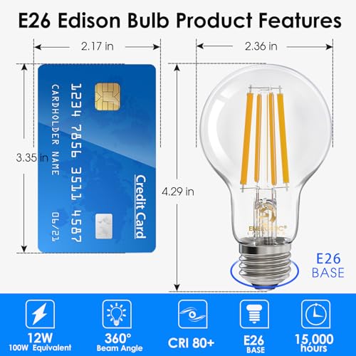 Energetic Dimmable A19 LED Edison Light Bulb, 12W Equivalent 100W, 1600LM High Brightness, 2700K Soft White, Clear Antique LED Filament Bulb for Home, Bathroom, E26 Standard Base, 4-Pack - size: 4 Count ( Pack of 1)