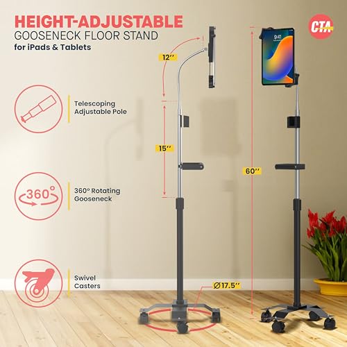 CTA Digital Mobile Floor Stand Compact, Adjustable Gooseneck Floor Stand with Handle & Swivel Casters For iPad Gen 7-10, iPad Air 4, 12.9”, Surface Pro, Zebra Tablets, & Other 7-13” Tablets (PAD-CGSH)