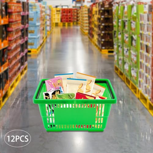 12PCS Plastic Shopping Baskets with Handle, 19'' x 13'' x 10'' Large Multifunctional Grocery Baskets for Retail Stores Supermarket, 28L Portable Retail Basket, 44LBS Load Capacity, Green