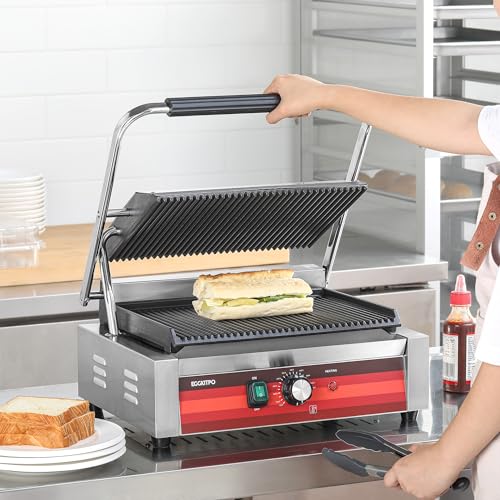 EGGKITPO Commercial Panini Press Grill with Grooved Plates Electric Sandwich Maker with Adjustable Temp Control 110V 1700W 14"×9.5" Ribbed Enamel Plates for Breakfast and Hamburger in Home Kitchen - size: 14"×9.5” Grooved Plate