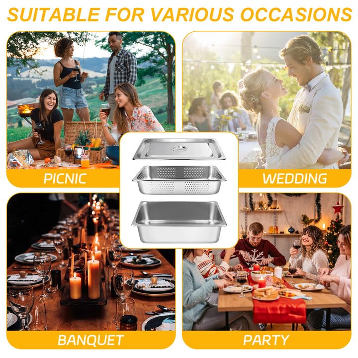 3 Pack Full Size 4 Inch, 6 Inch Hotel Pan with Lid Perforated Steam Table Pan Chafing Pans Steam Table Tray Stainless Steel Restaurant Supplies for Buffets Catering Commercial Kitchen - size: 6 inch