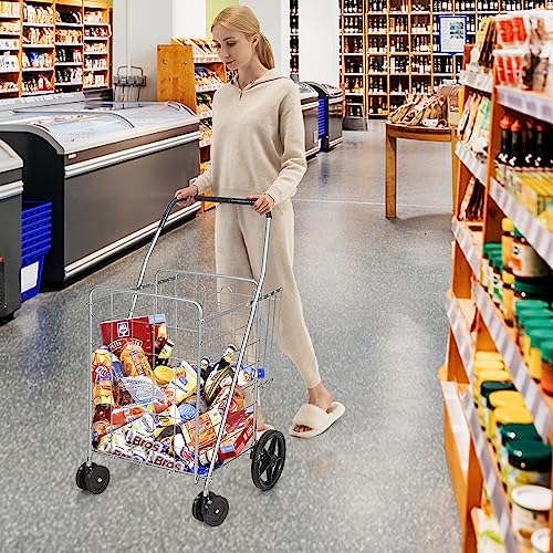 Folding Shopping Cart, Grocery Cart with Swiveling Wheels & Non-Slip Handle, Rolling Trolley with Double Storage Baskets, Utility Metal Carts for Shopping Laundry Luggage Groceries (Silver) - color: Silver