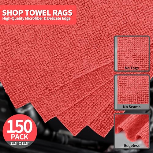 Microfiber Cleaning Cloth, 150 Pack Cleaning Rags Microfiber Towel Bulk Absorbent Lint-Free WashCloths, All-Purpose Towels for Cars, Shop, Automotive, Garage, Home Kitchen 11.5"*11.5", Red - color: Red, size: 150 Pack