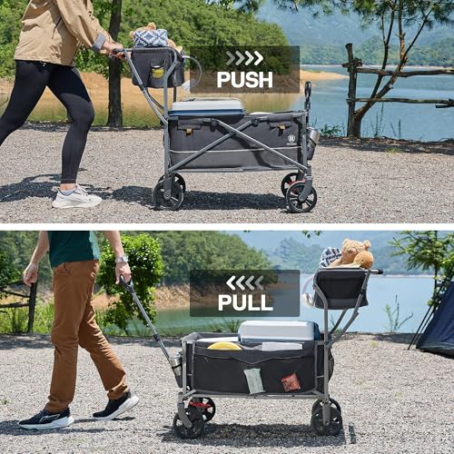 EVER ADVANCED Collapsible Push & Pull Shopping Cart with Wheels & Brakes, Foldable Wagon for Groceries with Practical Basket, Side Pockets & Cup Holders, Beach Utility Rolling Cart for Camping, Grey - color: Gray