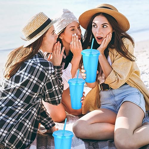 24 Pack Plastic Tumblers with Lids and Straws, Reusable Colorful Cups for Parties, Birthdays, Iced Coffee, Travel, Cold Drink Bulk Tumblers (24 oz, Blue) - color: Blue-24pcs