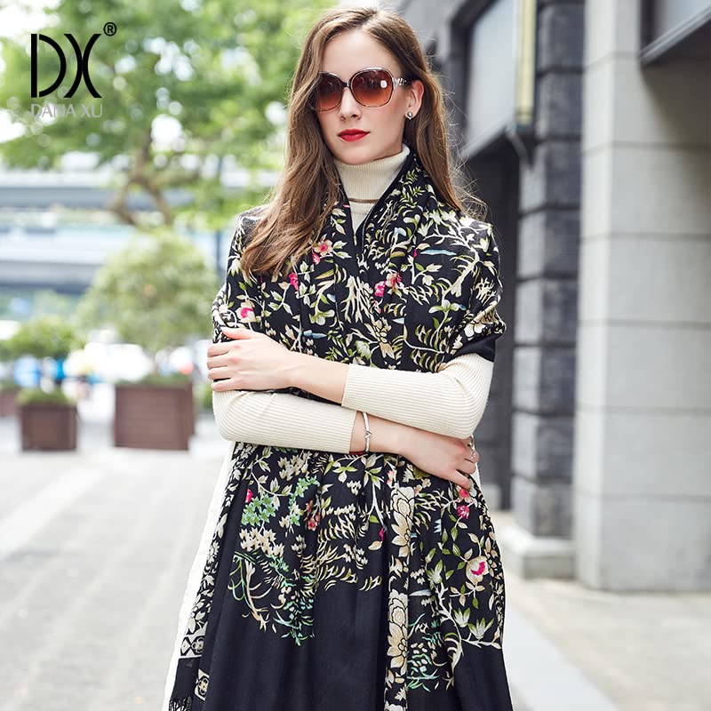 DANA XU 100% Merino Wool Extra Large Pashmina Shawl for Women - color: Black Floral Print