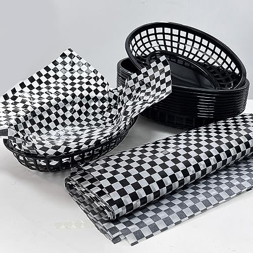 Rainmae Plastic Food Baskets with Parchment Paper Liners, 12 Fast Food Baskets with 120 Deli Paper Sheets, Bread Basket, Candy Fruits basket, Fast Food Baskets, Restaurant Baskets for Food-Retro Style - color: Black(12 Pcs+120 Deli Paper)