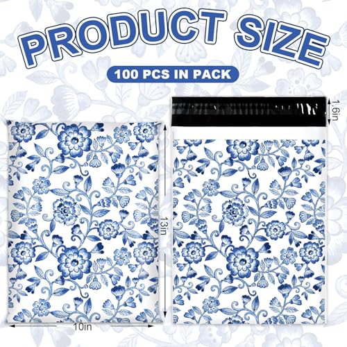 JarThenaAMCS 100Pcs Blue White Floral Poly Mailers 10 x 13 Inch Vintage Flower Envelope Mailers Bulk Chinoiserie Self-Sealing Plastic Packaging Mailing Bags for Small Business