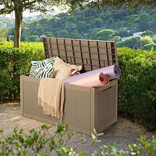 Devoko 100 Gallon Resin Waterproof Outdoor Storage Box with Cushion - color: Light Brown, size: 100 Gallon with Cushion