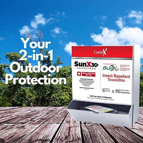 CoreTex Sun X 30+ & Bug X 30 Combo Pack - Includes 50 Total Packets in Wallmount Box - 25 Lotion Pouches & 25 Insect Repellent Towelettes - style: Sun X 30/Bug X 30 Combo