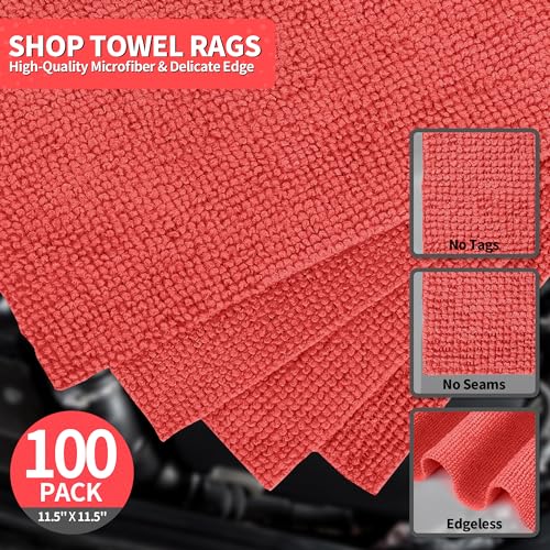 Shop Towels Rags, 100 Pack Microfiber Cleaning Cloth Bulk Absorbent Detailing Rags, Lint-Free Microfiber Towels for Cars, Mechanic, Shop, Garage & Housekeeping 11.5"*11.5" Red - color: Red, size: 100 Pack