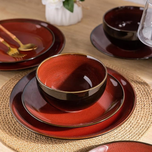 LeRatio Ceramic Dinnerware Sets for 6,18Pcs Porcelain Plates and Bowls Set - color: Dreamy Moonlight-Red, size: Service for 6-18pcs