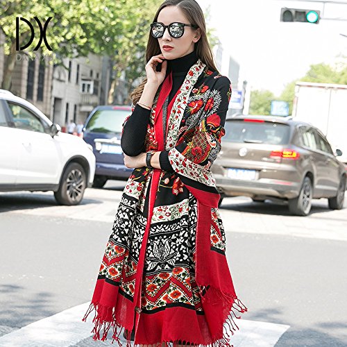 DANA XU 100% Merino Wool Extra Large Pashmina Shawl for Women - color: Red Nordic Floral