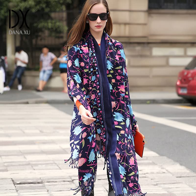 DANA XU 100% Merino Wool Extra Large Pashmina Shawl for Women - color: Navy Pink Floral