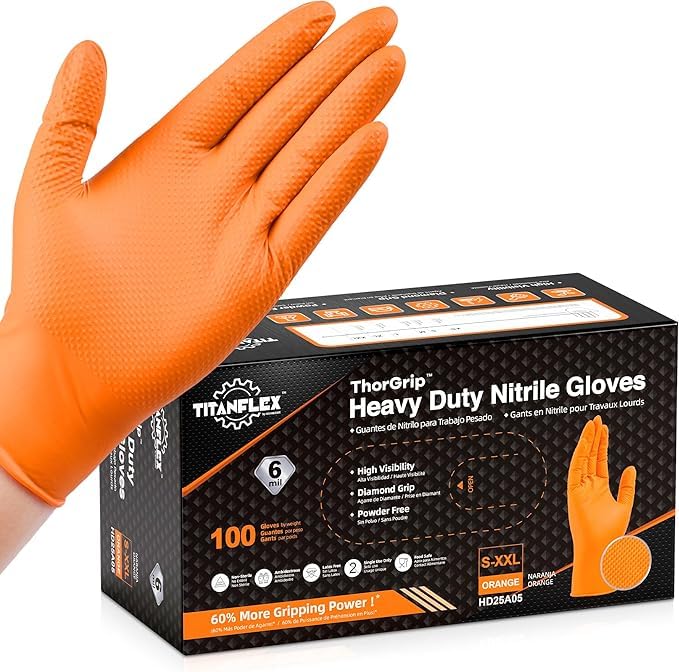 TitanFlex Heavy Duty Orange Nitrile Gloves, 6 Mil, Raised Diamond Texture, Mechanic Disposable Gloves, Latex Free Powder Free - color: 6-mil (100-ct), size: XX-Large