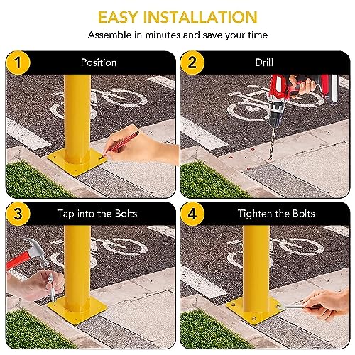 Safety Bollard 6 Packs, 42 Inch Height Bollard Post, 4.5 Inch Diameter, Yellow Safety Steel Bollard Post with 8 Anchor Bolts, for Traffic Control, Driveway Barrier, Parking Pole - size: 42 inch