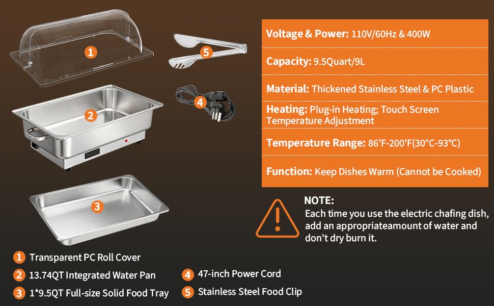 9 Qt Electric Chafing Dish Buffet Set, Stainless Steel Food Warmer with Roll Top Clear Lid, Adjustable Temperature Control, 1x1/1 Size Pans, Commercial Buffet Server for Catering, Parties & Events - size: 1x1/1 Size