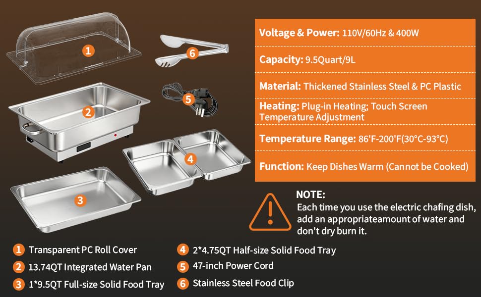 9 Qt Electric Chafing Dish Buffet Set, Stainless Steel Food Warmer with Roll Top Clear Lid, Adjustable Temperature Control, 1x1/1 and 2x2/1Size Pans, Commercial Buffet Server for Parties & Events - size: 1x1/1 and 2x2/1 Size Pan