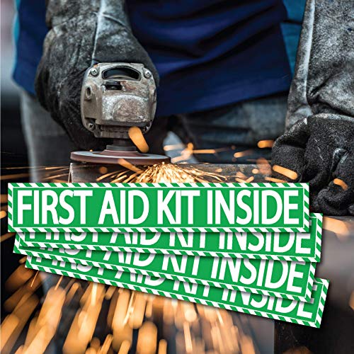(4 pack) First Aid Kit Inside Stickers 1.5" x 9" Self Adhesive Industrial Vinyl Decal Signs For Trucks, Equipment, or Business