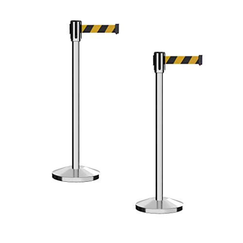 Montour Line M530 Set of 2 Retractable Belt Barrier Stanchion, Sloped Base, Polished Stainless Steel Post (7.5 ft Black & Yellow Diagonal Belt) - color: Black & Yellow Diagonal, size: 7.5 ft